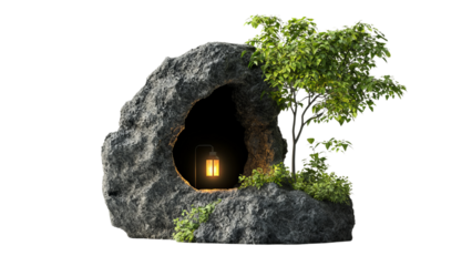 Png of A serene rock formation with a lantern and greenery, creating a tranquil ambiance for relaxation and reflection.