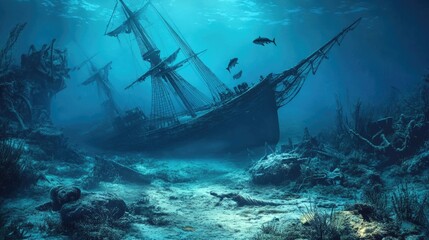 Blue underwater landscape with sunken ship, sharks, and seaweeds