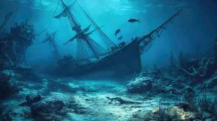 Fototapete Rund Blue underwater landscape with sunken ship, sharks, and seaweeds © Lilly