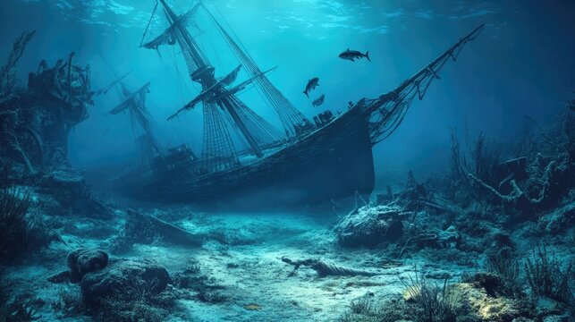 Blue underwater landscape with sunken ship, sharks, and seaweeds