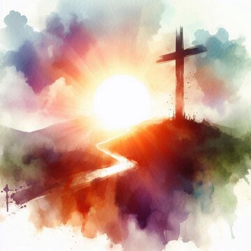 Watercolor Cross on a Hill at Sunset &ndash; Christian Hope and Resurrection Concept. AI generated illustration