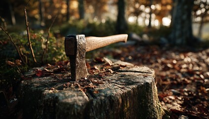 Axe Stuck in Tree Stump in Autumn Forest – Rustic Woodcutting Scene with Colorful Foliage and Natural Outdoor Setting
