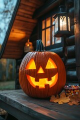 Obraz premium Halloween Pumpkin Cabin Porch Dusk
