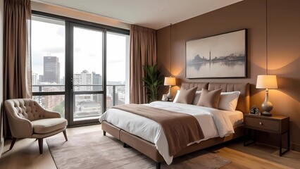 Modern interior design using Pantone 2025 Mocha Mousse color of the year. Soft pastels in calm tones. Elegant bedroom interior.
