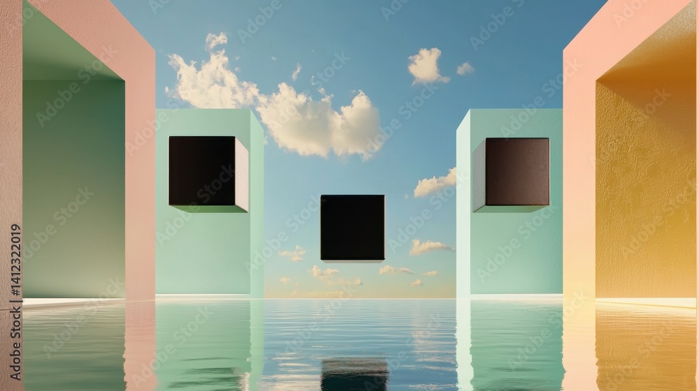 Poster 3d cubes in black floating over minimalist abstract scene