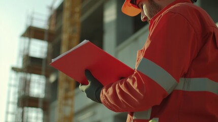 Site supervisor inspecting safety compliance at an active construction zone. Featuring adherence to regulations