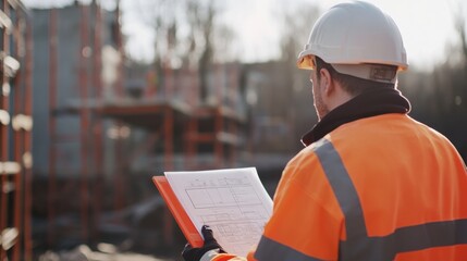 Site supervisor inspecting safety compliance at an active construction zone. Featuring adherence to regulations