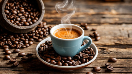Obraz premium Steaming espresso cup with coffee beans on wood