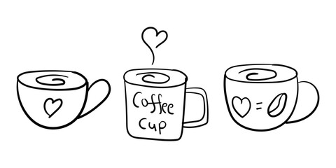 Hand-drawn coffee mugs set with three different styles, coffee mug with heart.