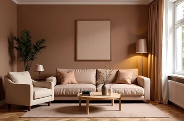 Modern interior design with Pantone 2025 Colour of the Year Mocha Mousse. Living room in warm mocha color trend 2025. Soft sofa, elegant wall color, plants.