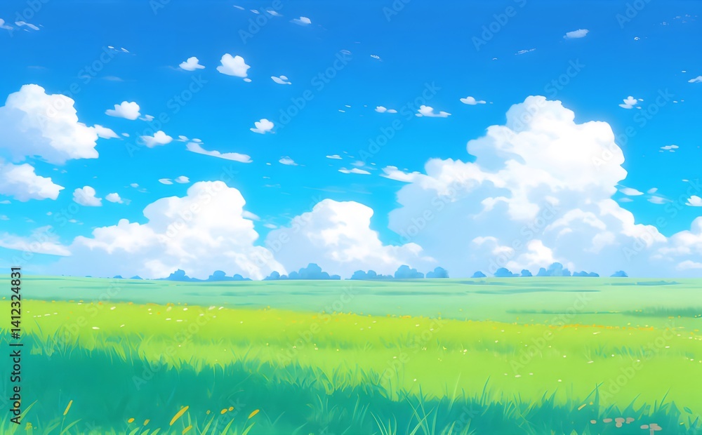 Poster 明るい青空と白い雲が広がる緑豊かな草原の風景 夏の晴天の下 穏やかな自然の風景