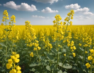 Naklejka premium blurred background of yellow rapeseed on a background of the sky. selective focus on color. canola field with ripe rapeseed, agricultural background.