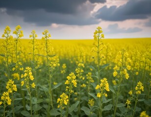 Fototapeta premium blurred background of yellow rapeseed on a background of the sky. selective focus on color. canola field with ripe rapeseed, agricultural background.