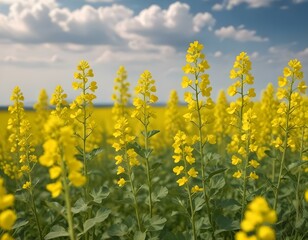 Fototapeta premium blurred background of yellow rapeseed on a background of the sky. selective focus on color. canola field with ripe rapeseed, agricultural background.