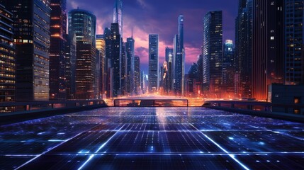 Futuristic cityscape viewed from a technologically advanced platform.