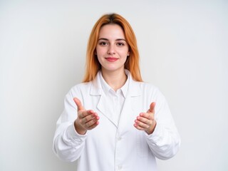 Fototapeta premium Young Romanian scientific woman isolated on white background inviting to come with hand. Happy that you came