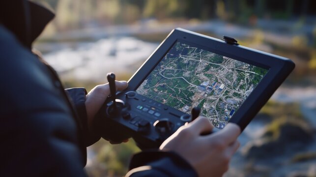 Surveyor examining land topography with a drone controller. Featuring advanced site mapping