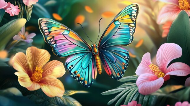 Illustration of open colorful exotic batterfly over flowers