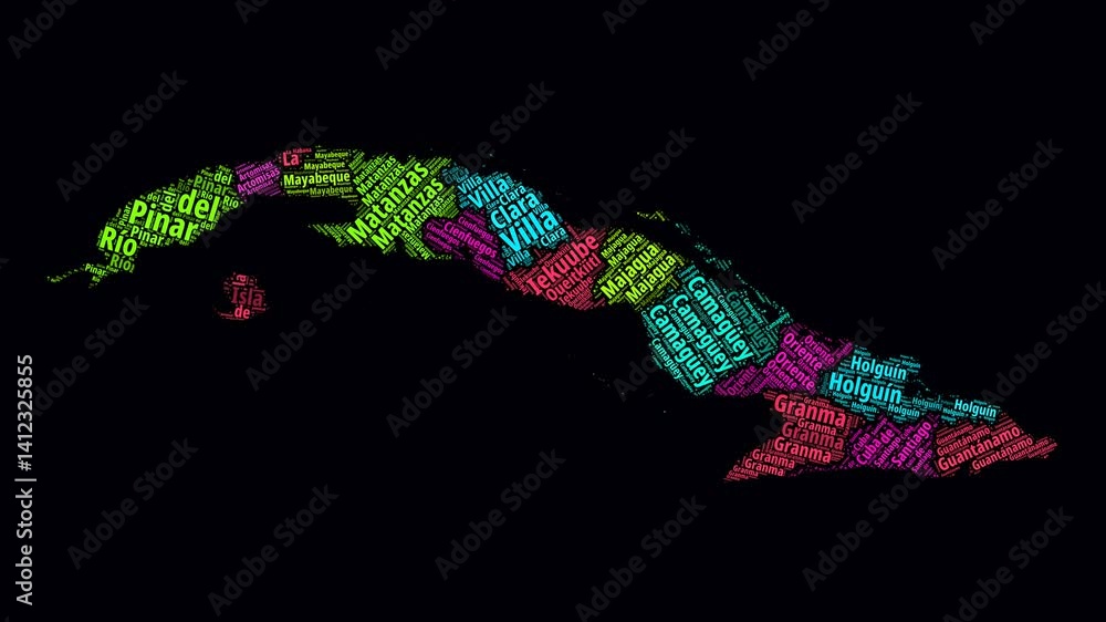 Poster cuba intro video. regions word clouds animation. cuba regions names in spanish language fading in on