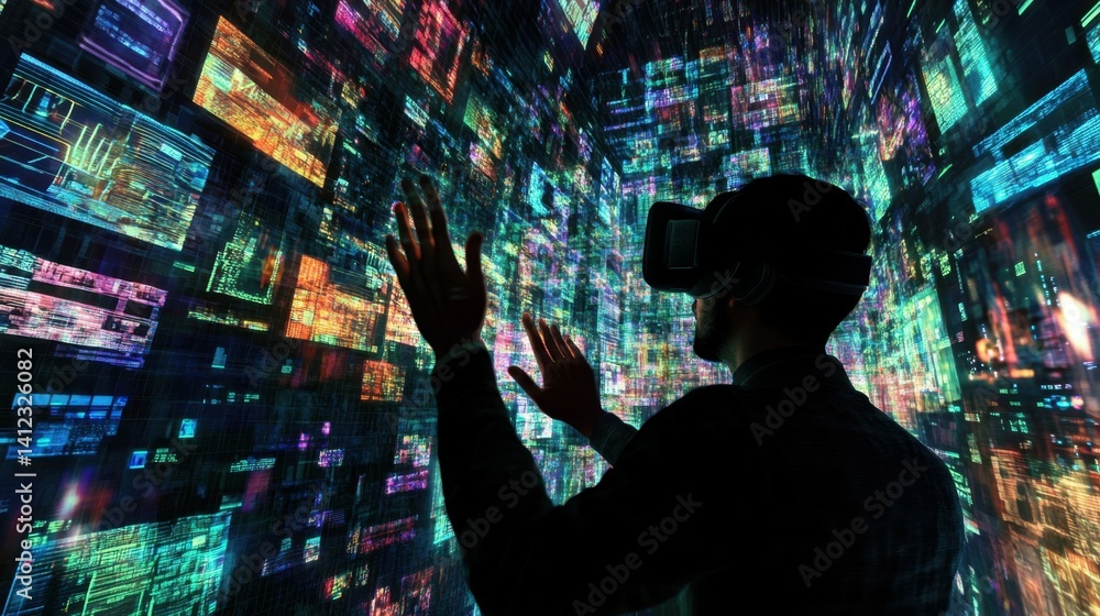 Poster immersed in the metaverse, a man uses hand gestures to navigate a virtual space. engaged with vr tec