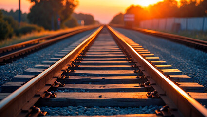 Fototapeta premium Tranquil sunset over scenic railway tracks