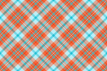 Vibrant diagonal plaid pattern in coral, teal, and beige.  Perfect for textile design, web backgrounds, or crafting projects.  This cheerful, seamless texture evokes feelings of warmth and style.