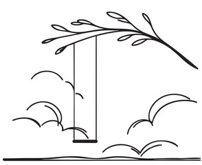 Swing and a tree sketch. The concept of loneliness, reflection on the life, union with yourself, psychological problems, introvert, social problems of teenagers