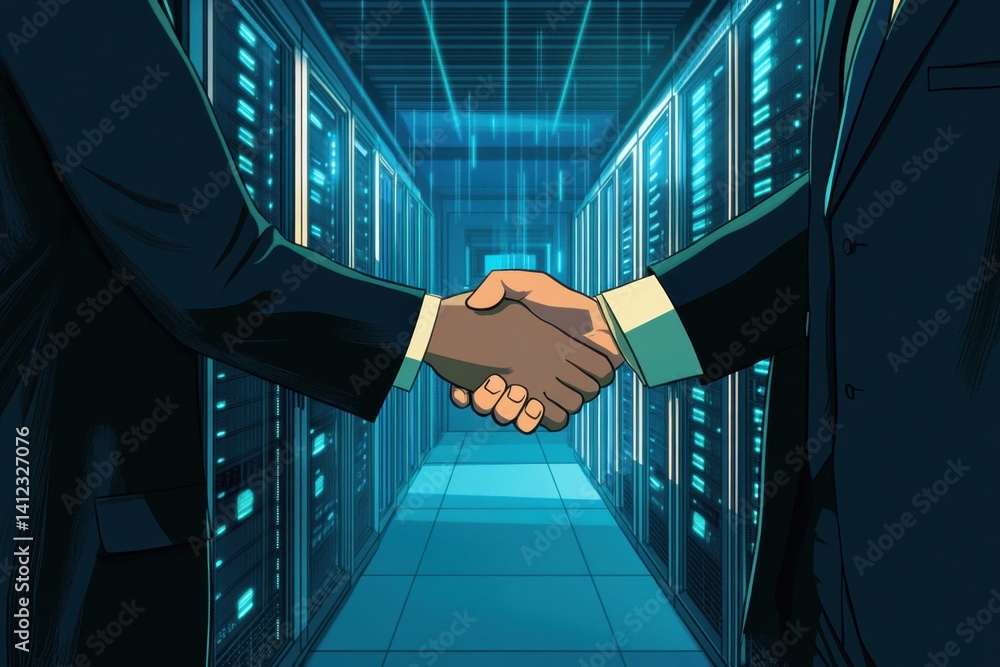 Poster businessmen shaking hands in a modern data center with server racks and technology elements backgrou