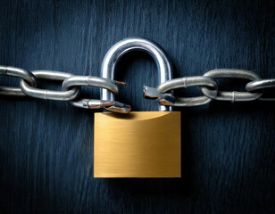 Fototapeta premium locked padlock with broken chain link symbolizes security breach and compromised access, evoking sense of vulnerability