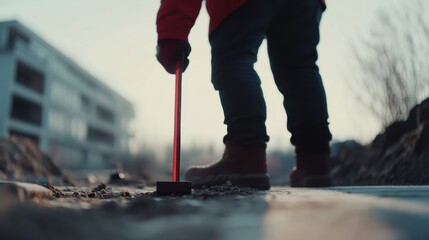 Surveyor using a laser level to ensure accurate ground measurements for construction. Featuring precision and technology