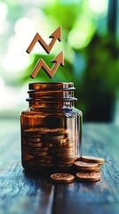 Saving for the future.  Coins in a jar with upward trend symbols