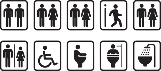 Vector icon set of restroom and hygiene signage toilet symbols, washroom icons, sanitary safety signs, public facility graphics