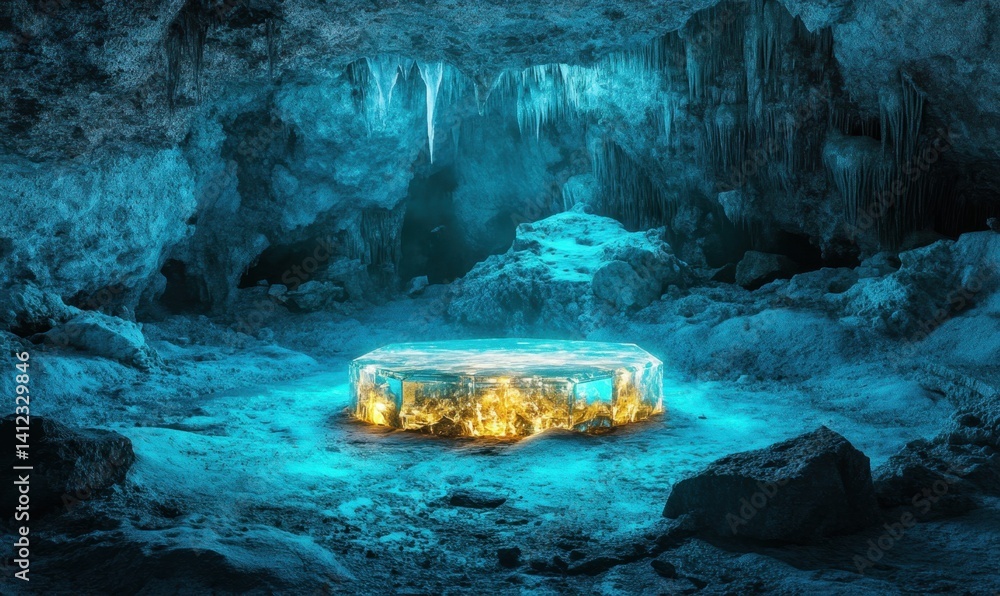 Aufkleber glowing ice platform in a frozen cave; fantasy background for product display