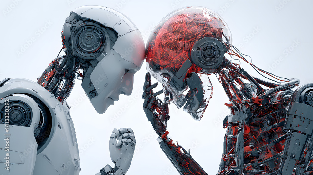 Poster two humanoid robots engaged in a deep connection, contrasting sleek white and intricate red circuitr