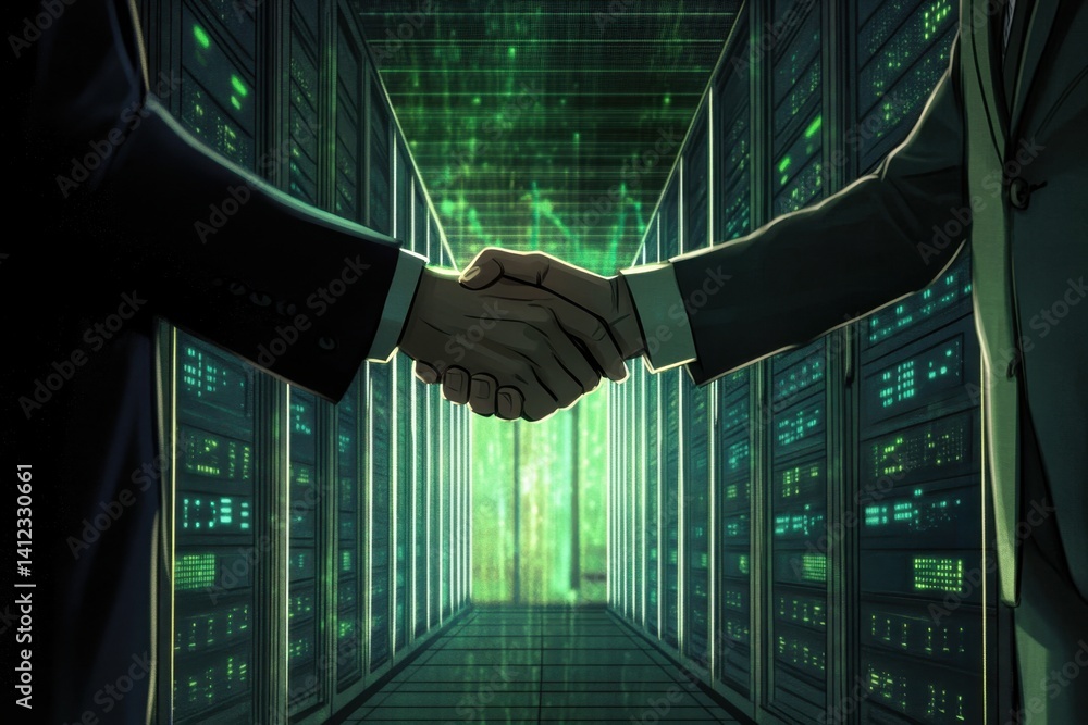Aufkleber hands shaking in a data center with green digital lines representing technology and partnership in t