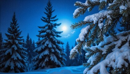 Snow-covered pine trees against a full moon night sky
