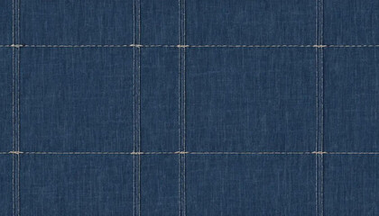 Close up of a blue canvas tarp with seams creating a grid pattern and a textured surface area view