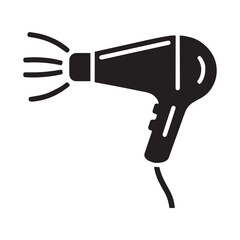 An illustration of a stylized black silhouette of a hairdryer. The hairdryer has a curved body, a nozzle at the front, and an ergonomic handle.