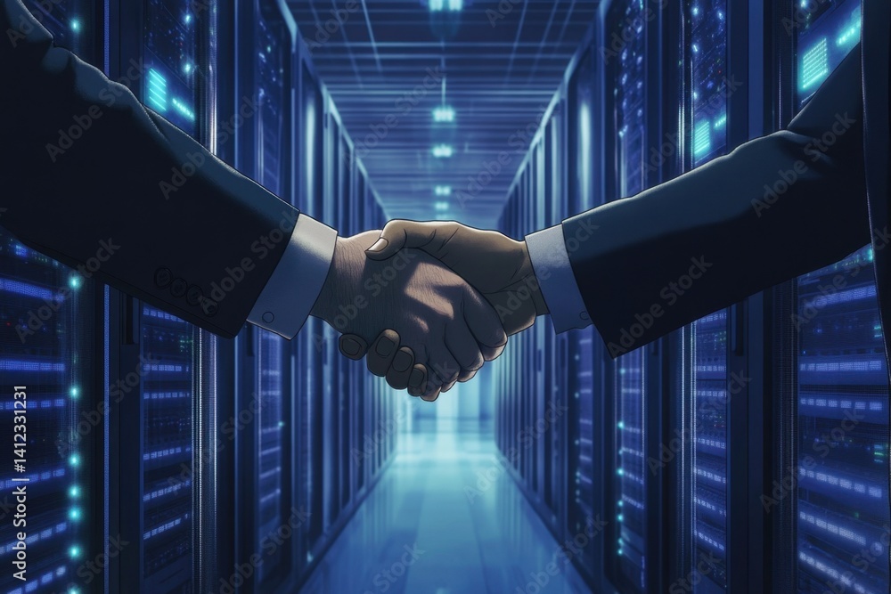 Aufkleber handshake between two business professionals in data center with server racks and high-tech environm