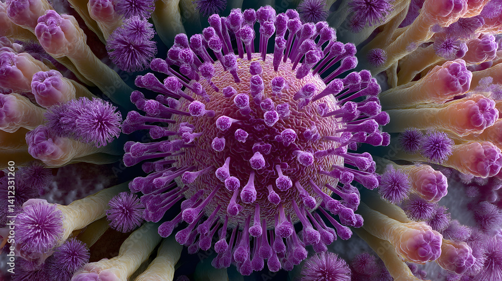 Poster a vivid close-up of a virus, showcasing intricate purple and yellow structures with a 3d-like appear