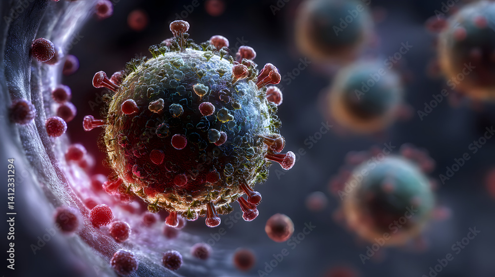 Poster a detailed 3d rendering of a virus, showcasing its intricate structure and surface proteins.