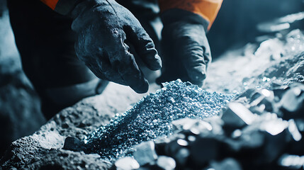 Miner sorting lithium ore at a sorting station. Featuring manual sorting