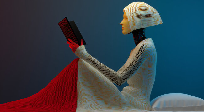 Futuristic android sitting and reading an open book, contemplative sci-fi moment designed for branding, education campaigns and editorial visuals.