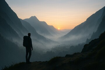 Fototapeta premium Tranquil Sunrise Over Misty Mountain Valley with Hiker: An Inspirational Landscape