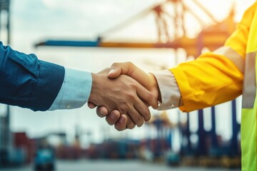 Partnership Agreement Handshake Between Business Professionals in Industrial Port Environment During Daylight Hours