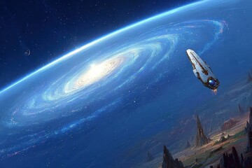 Obraz premium A spaceship travels through a colorful galaxy, showcasing bright stars and a spiral galaxy in a vast, cosmic landscape.