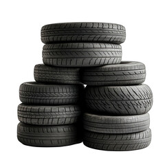 A stack of used car tires piled on top of each other against a black background