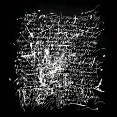 Unreadable text written in chaotic strokes forming abstract calligraphy with layered ink on black background.

