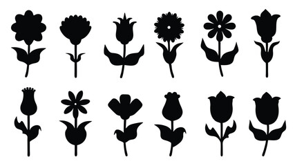 set of different types flowers silhouette vector on white background