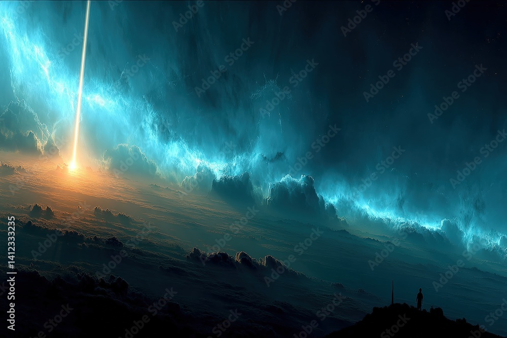 Poster a surreal cosmic scene depicting a glowing celestial object illuminating a cloud-filled atmosphere, 